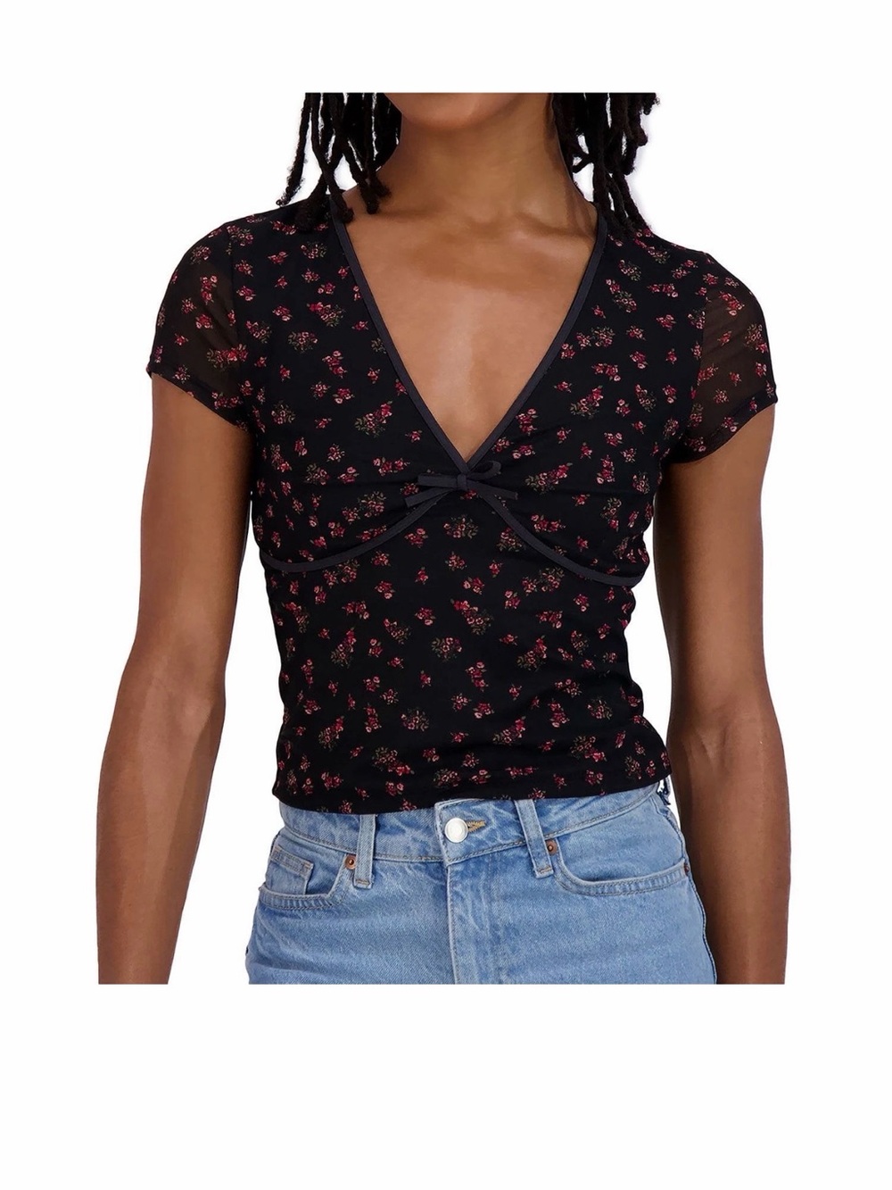 Aeropostale Black Floral Tie-Front V-Neck Top M NWT